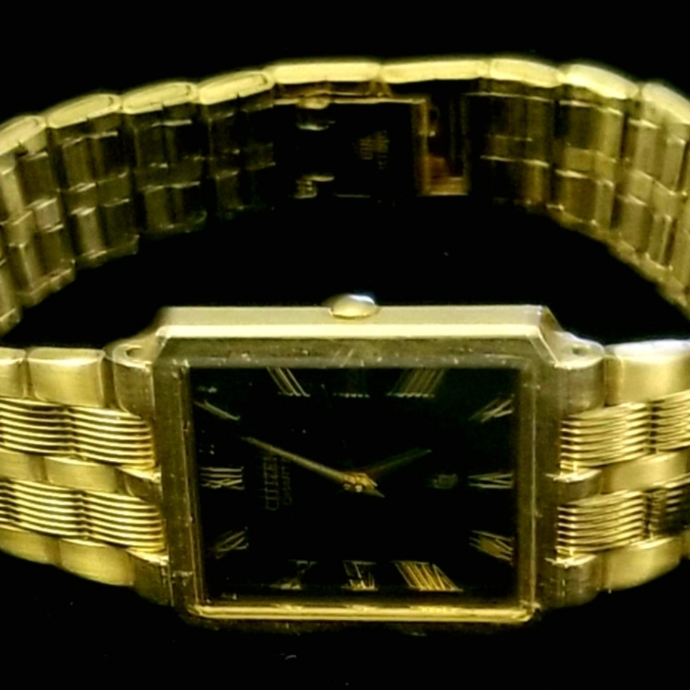 Womens Citizen Square Black Dial, Gold Plated Wri